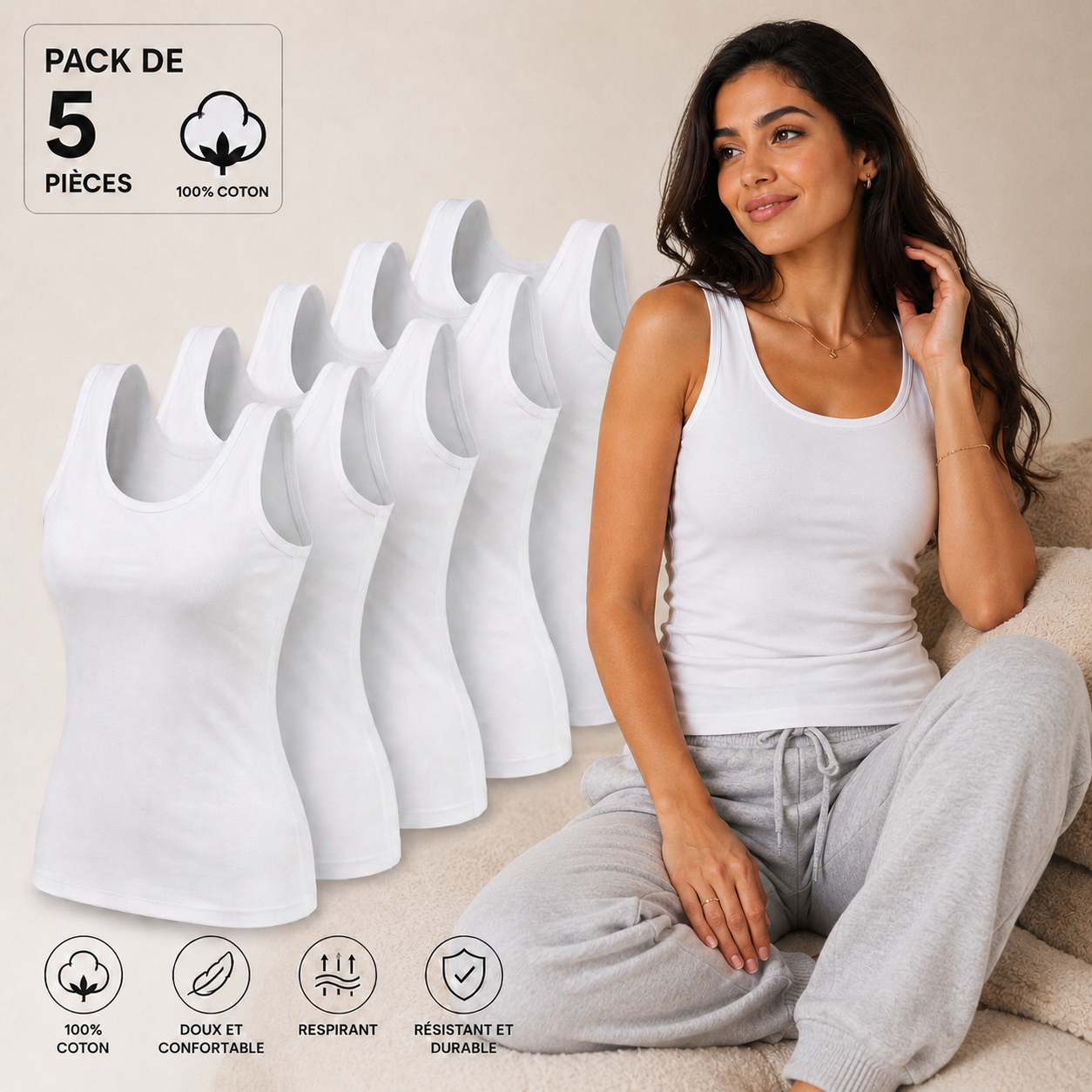 Pack 5 débardeurs Victoria ESSENTIAL - Bretelles Larges